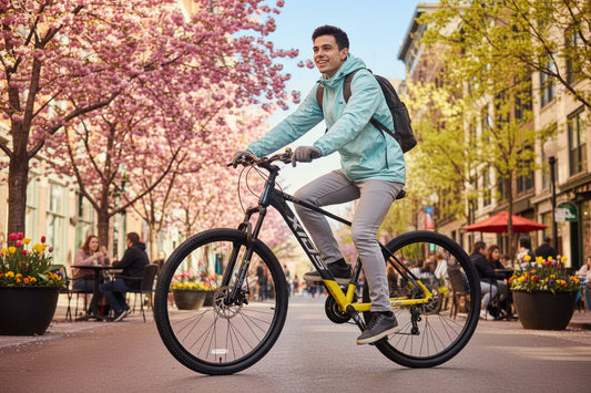 Man riding a bicycle on a city street with buildings and pedestrians in the background