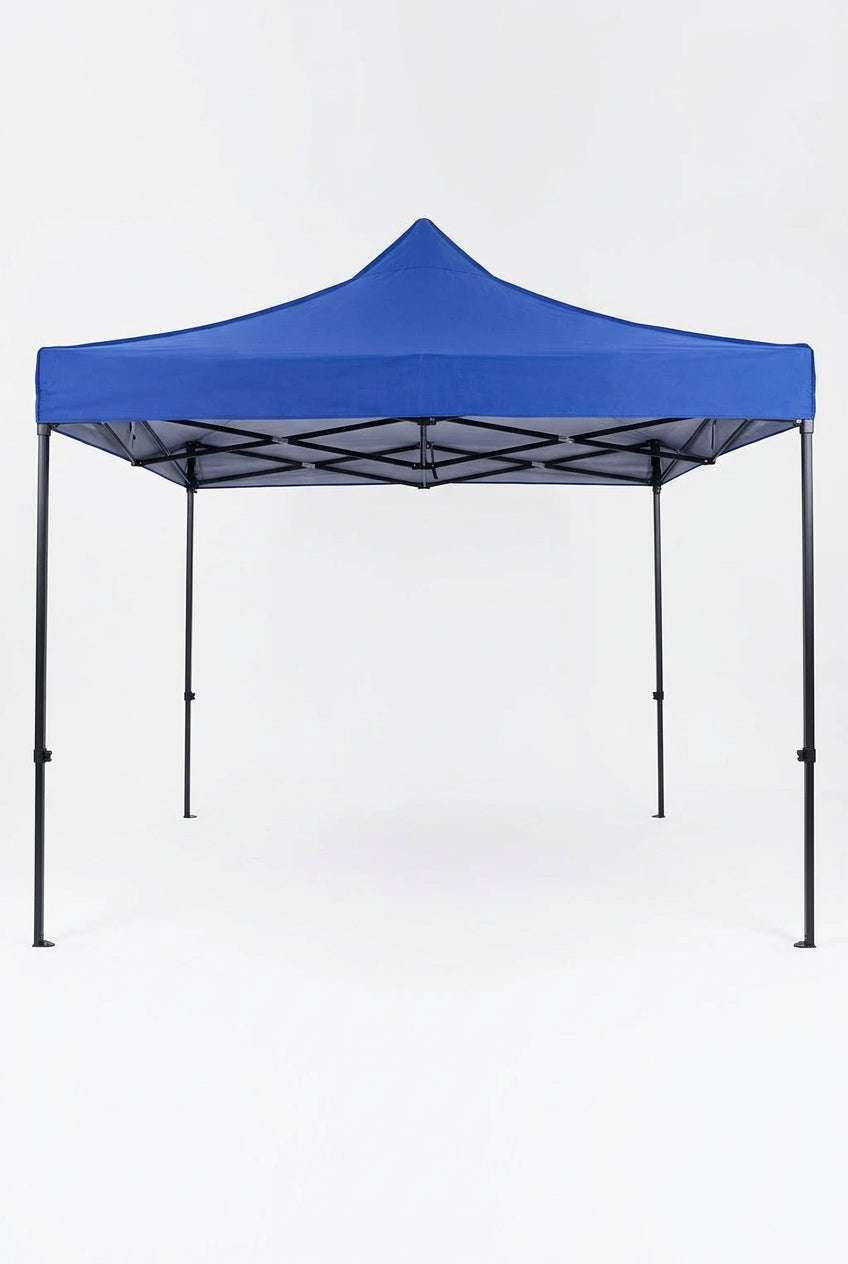 A blue pop-up canopy tent with black metal support frames is set up in a parking lot, with a black Volkswagen car parked underneath it.