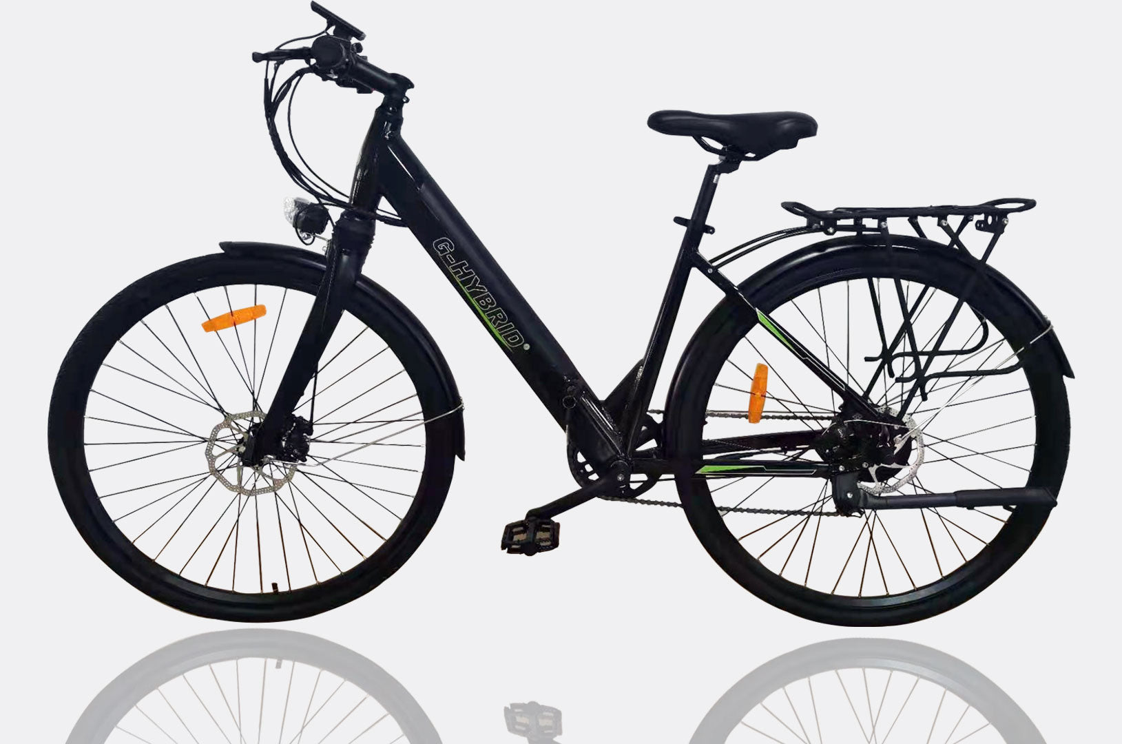 Black step-through unisex electric commuter bike with hybrid tires, equipped with a brushless motor and a lithium battery, displayed against a white background.