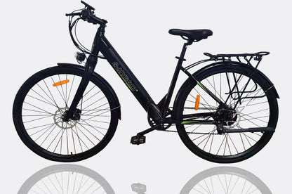 Black step-through unisex electric commuter bike with hybrid tires, equipped with a brushless motor and a lithium battery, displayed against a white background.